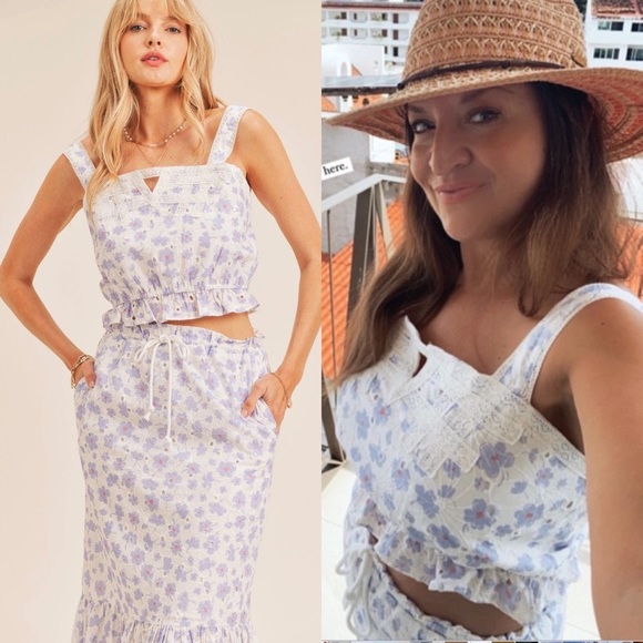 NWT Just Me Two Piece Floral Skirt Top Set, Pink & Purple Flowers, Large - Picture 4 of 6